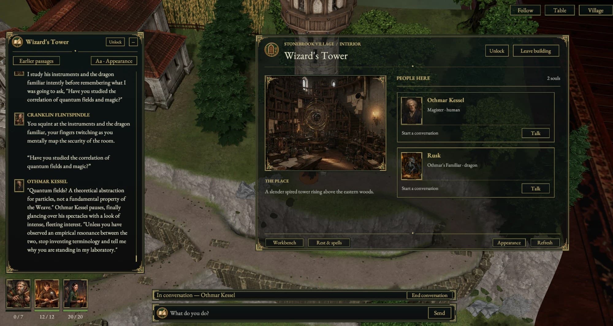 The Wizard’s Tower in Stonebrook, with the story panel and the people inside