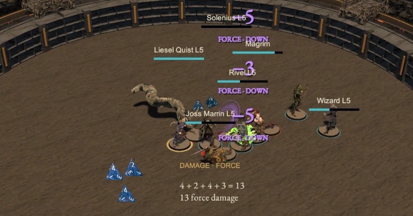 Damage roll shown as 4 + 2 + 4 + 3 = 13 force damage