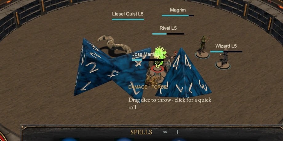 Three-dimensional dice being thrown across the arena
