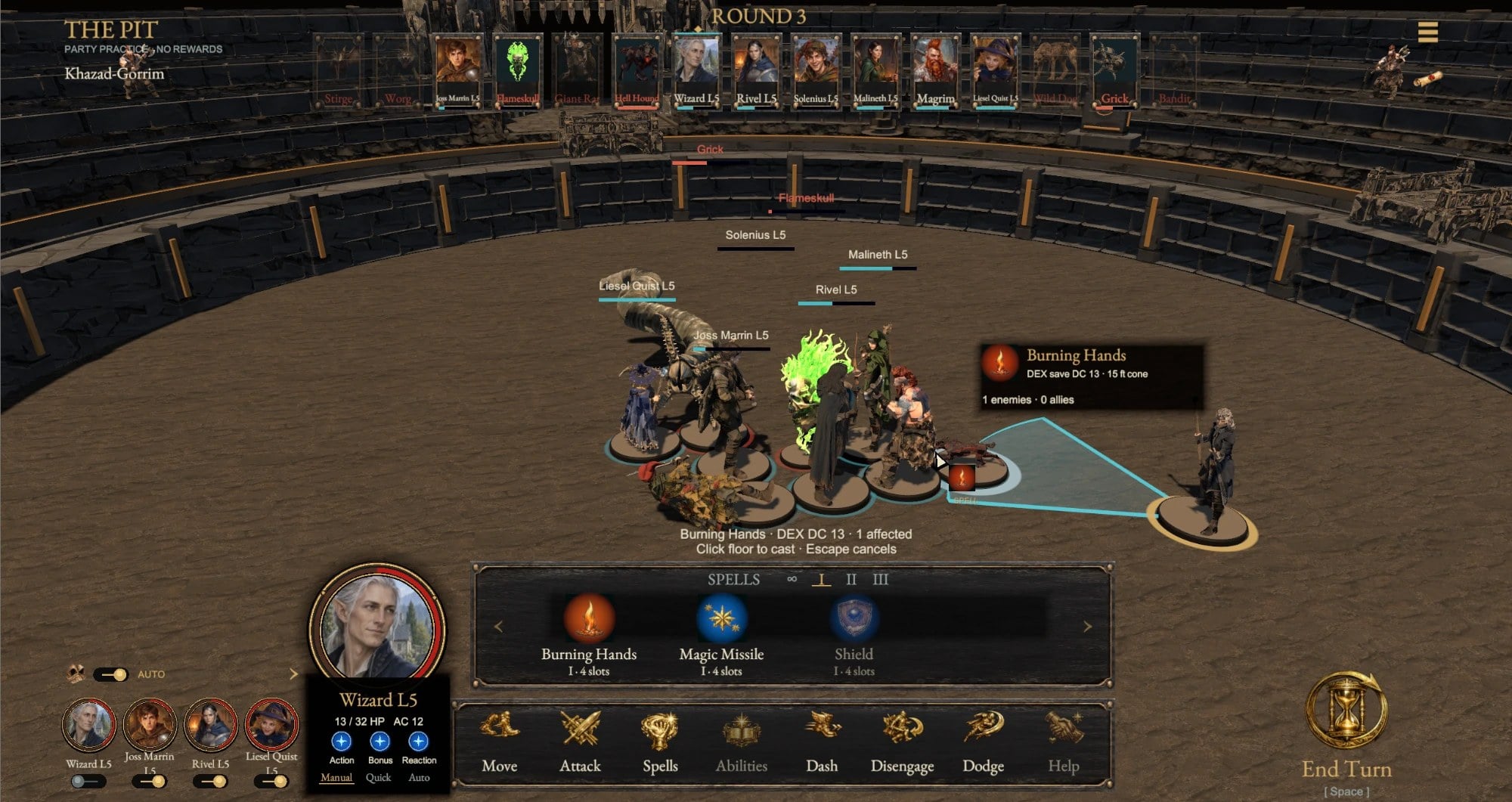 Combat in the Pit: aiming Burning Hands, with the cone showing which enemies will be caught