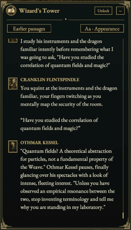 Story panel: the player asks Othmar Kessel about quantum fields and magic; he dismisses it as a theoretical abstraction and asks why they are standing in his laboratory.