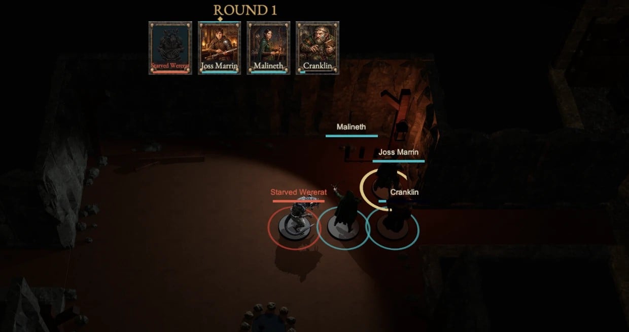 A campaign battle in Thorne’s cellar: the party faces a starved wererat, with the turn order shown along the top