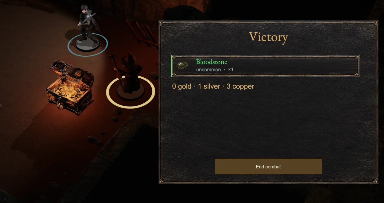 Victory screen after the cellar battle: a treasure chest, a Bloodstone gem and coins