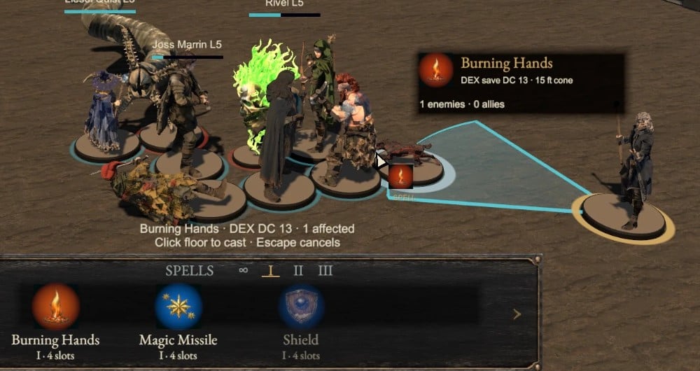 Aiming Burning Hands: the cone shows which enemy will be caught