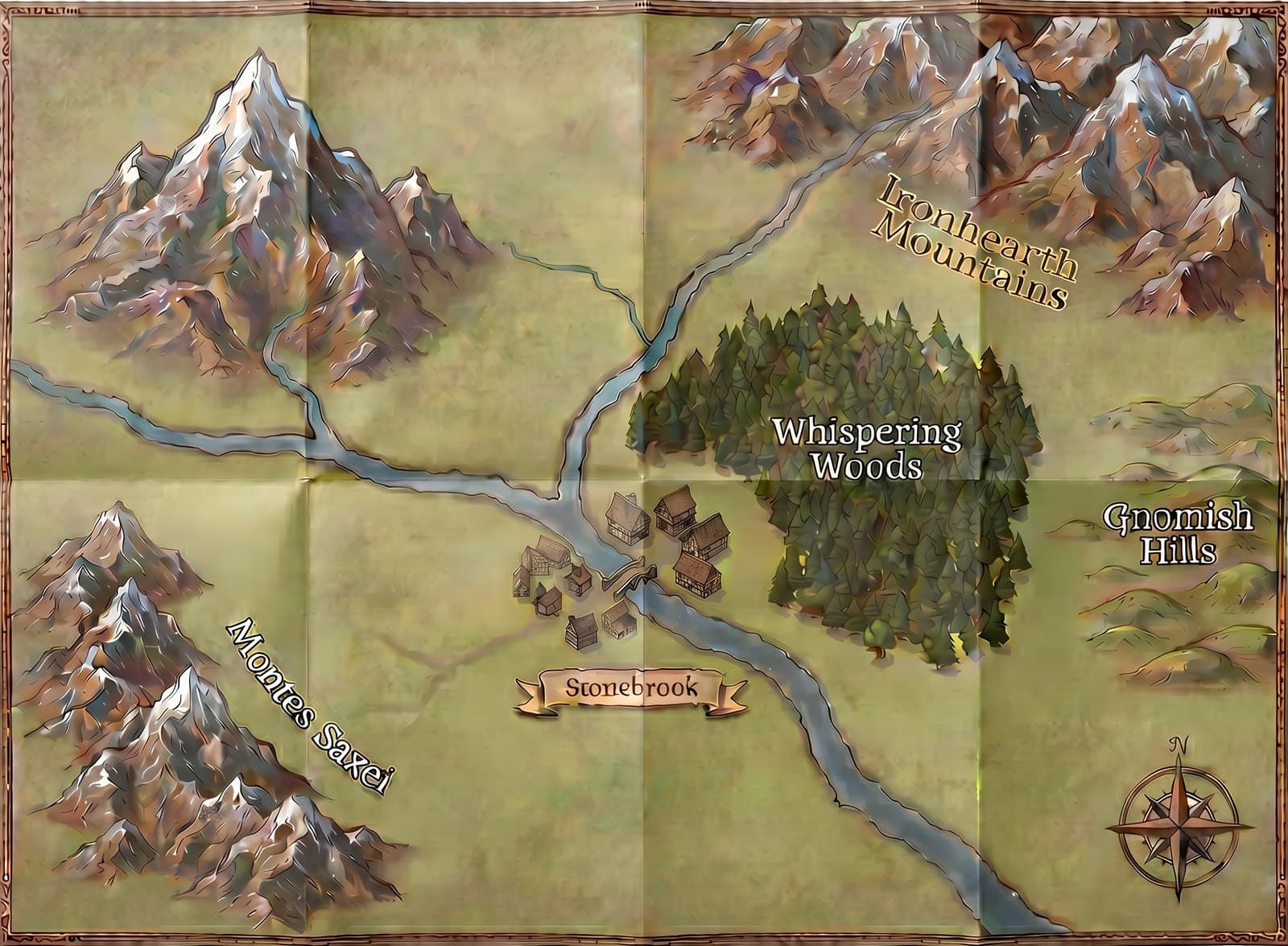 Illustrated map of the Stonebrook region: Stonebrook, the Whispering Woods, the Gnomish Hills, the Ironhearth Mountains and the Montes Saxei