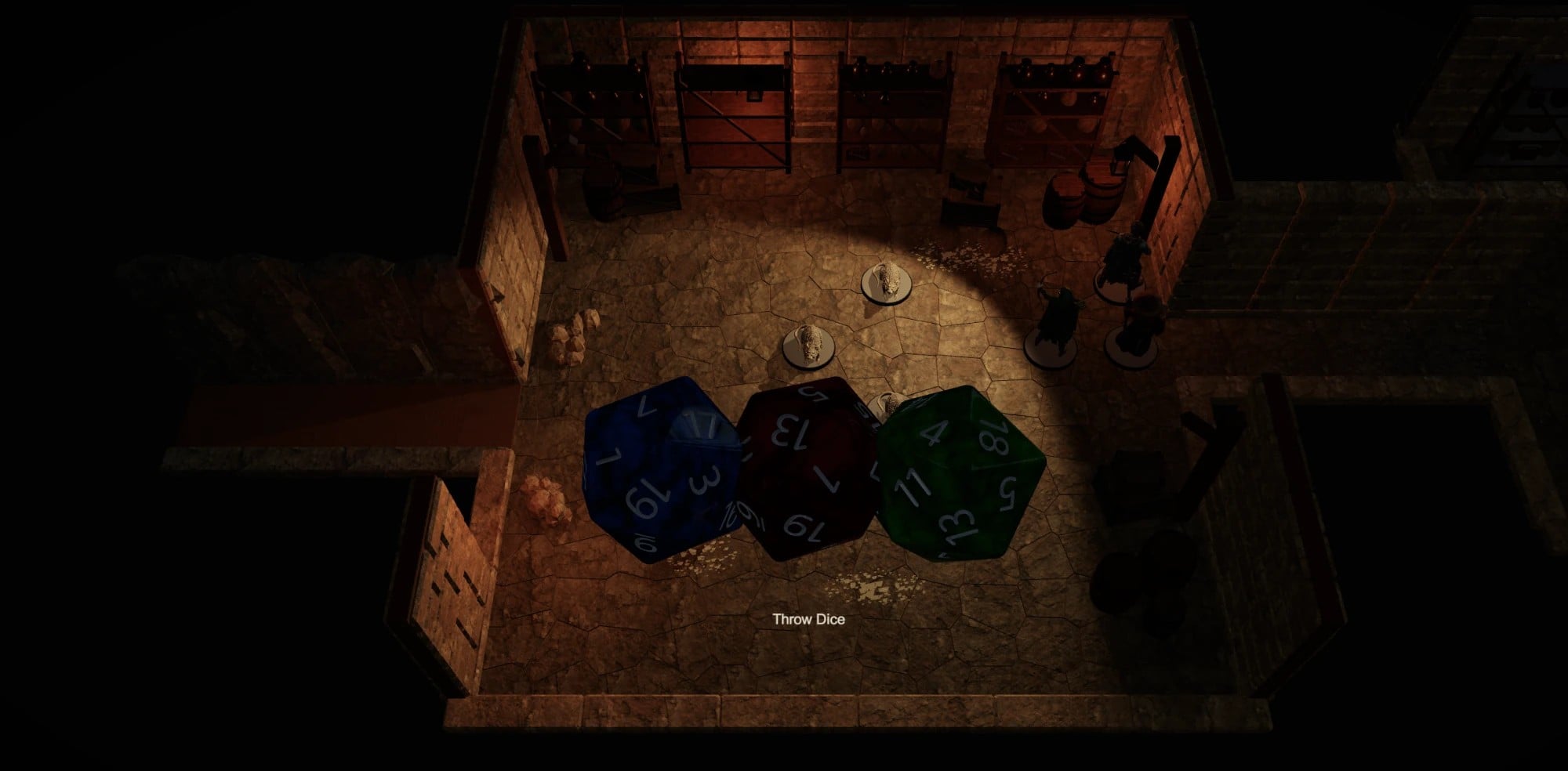 Three twenty-sided dice thrown across the stone floor of Thorne’s cellar, with the party and giant rats nearby